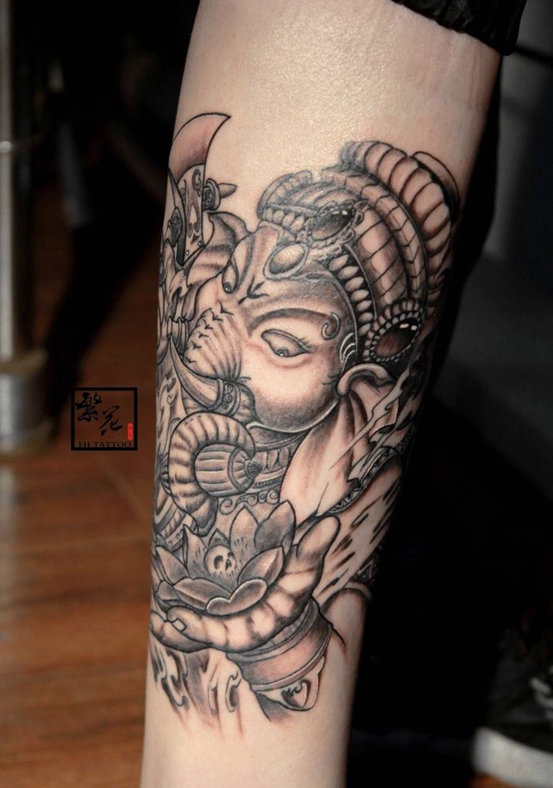 象神完成纹身图片_腿部脚部手稿成品动物鬼神纹身图案