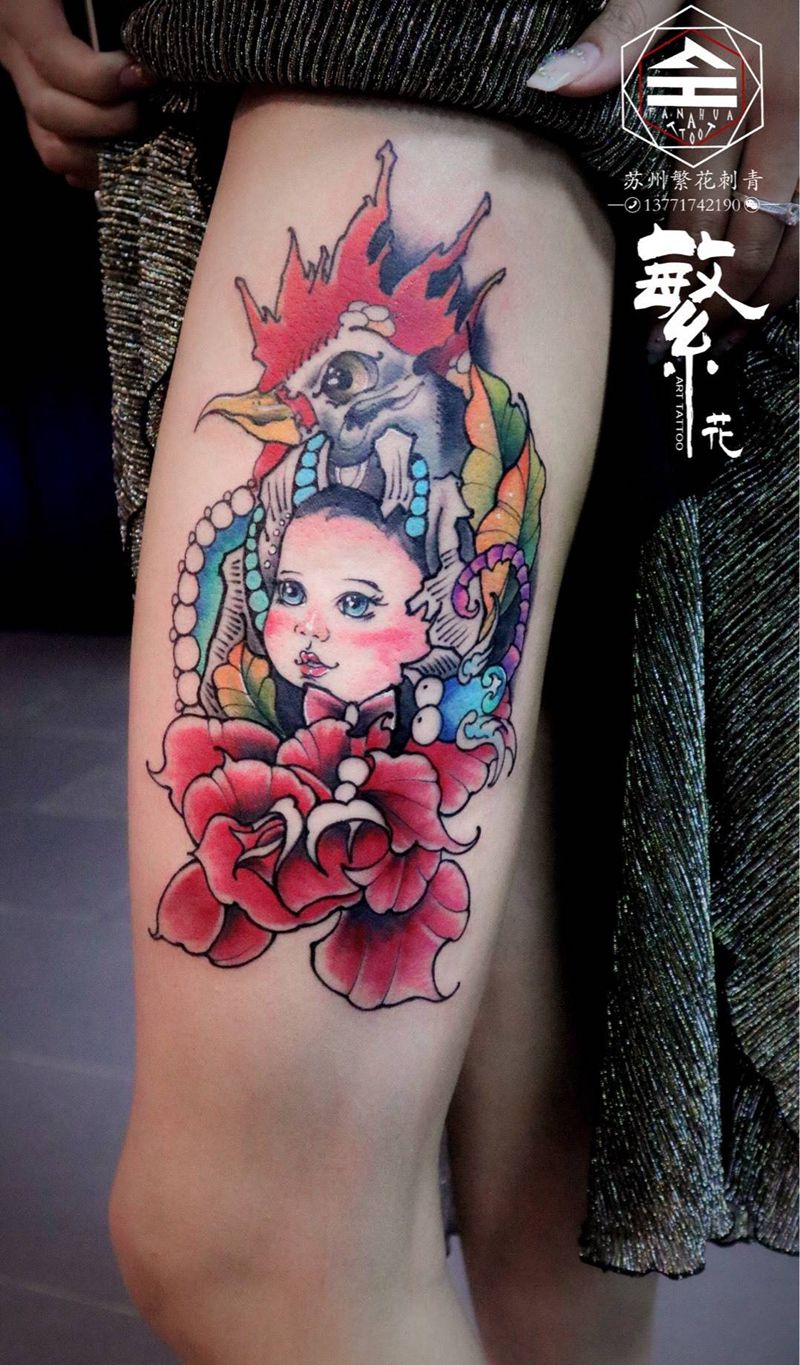 私人订制纹身图片_成品腿部欧美清新人物原创写实纹身图案