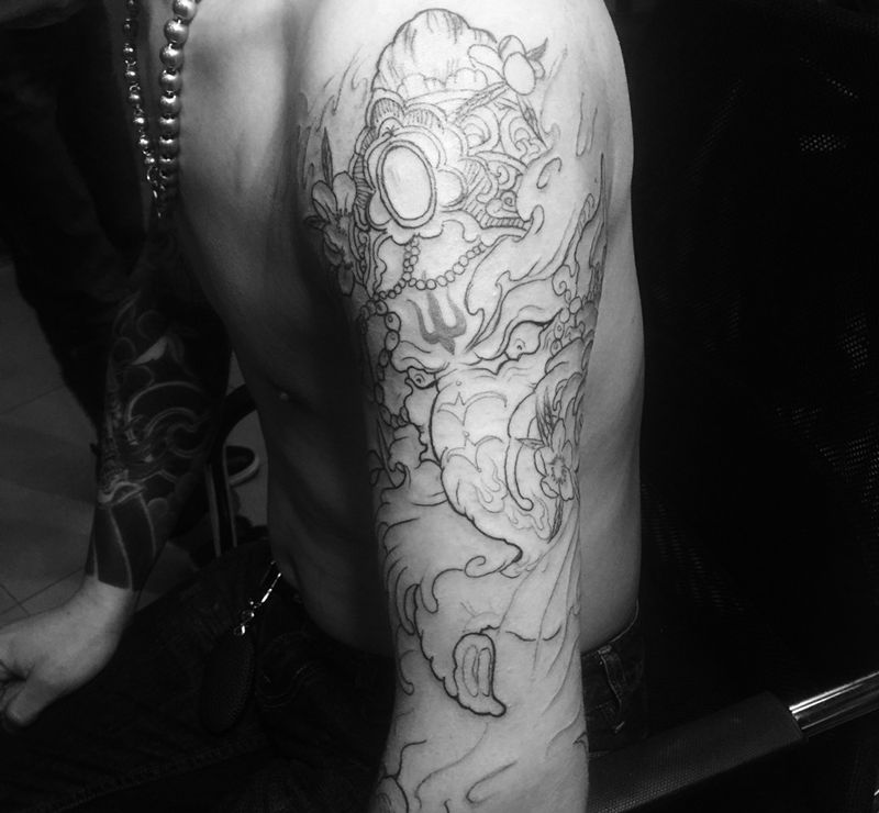 花臂，象神，鲤鱼纹身图片