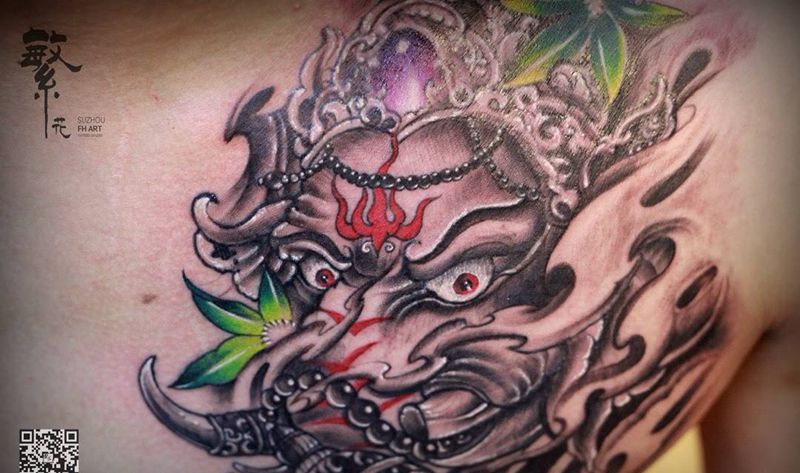 象神纹身图片_成品手稿手臂肩部胸部传统肖像鬼神动物原创纹身图案