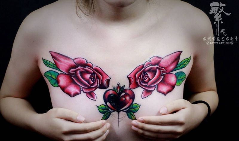 旧纹身遮盖纹身图片_成品手稿胸部欧美清新植物原创旧遮盖花胸纹身图案
