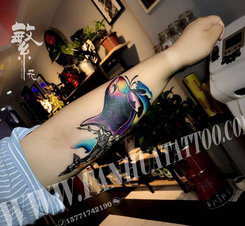 鲸鱼遮盖超人纹身图片_成品手稿手臂欧美动物原创纹身图案