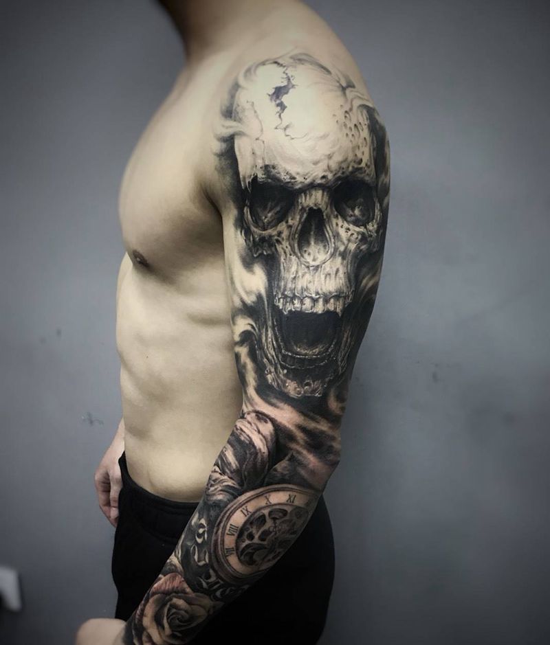 骷髅纹身图片_成品手臂欧美写实鬼神宗教纹身图案