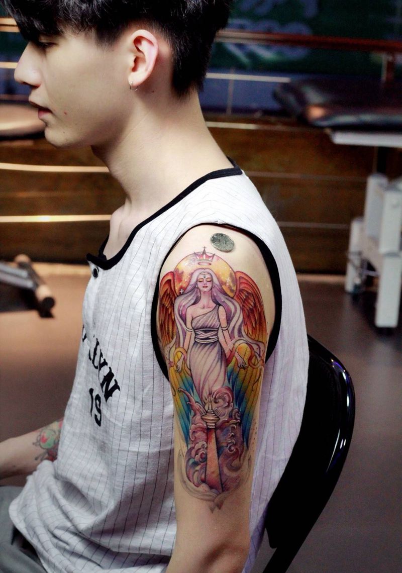 灵动天使纹身图片_成品手稿手臂欧美人物花臂纹身图案