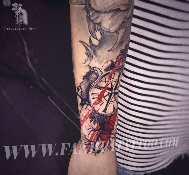 指南针 钟表纹身图片_成品手稿手部手臂欧美静物动物植物纹身图案