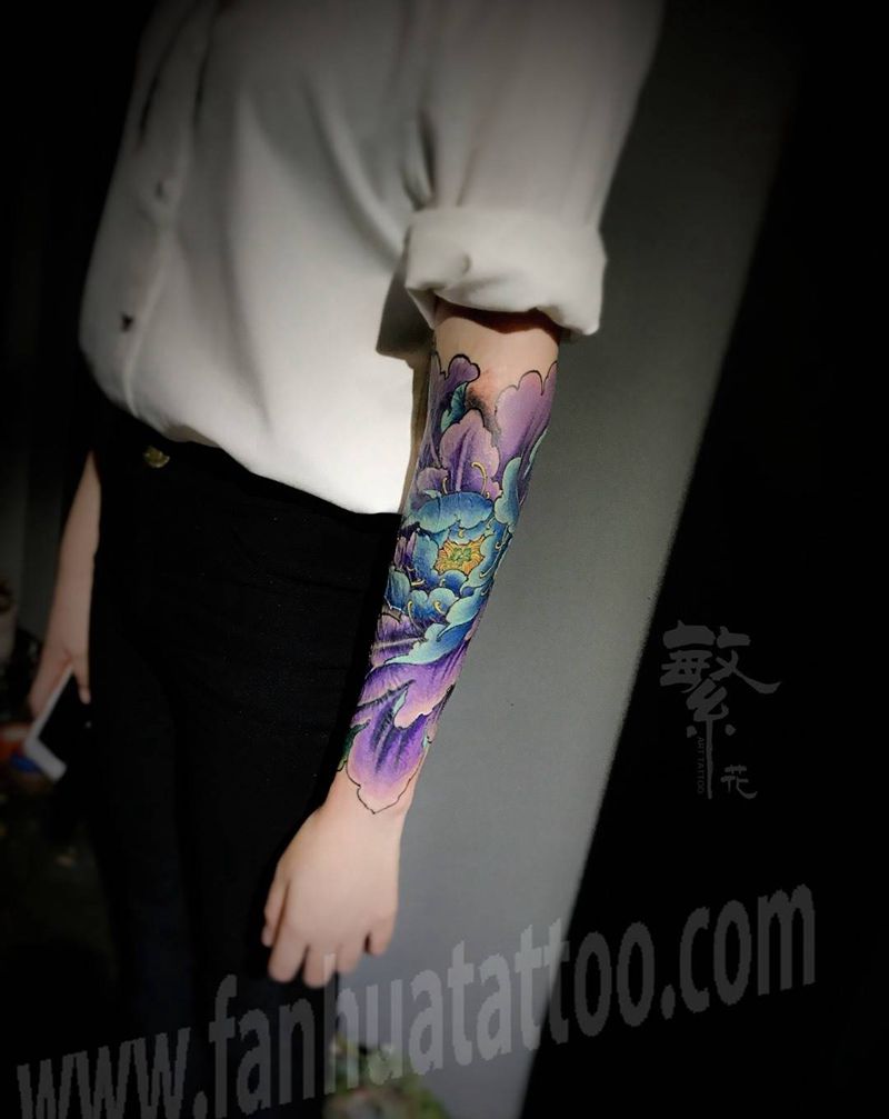牡丹遮盖纹身图片_成品手稿手臂传统植物花臂国画纹身图案
