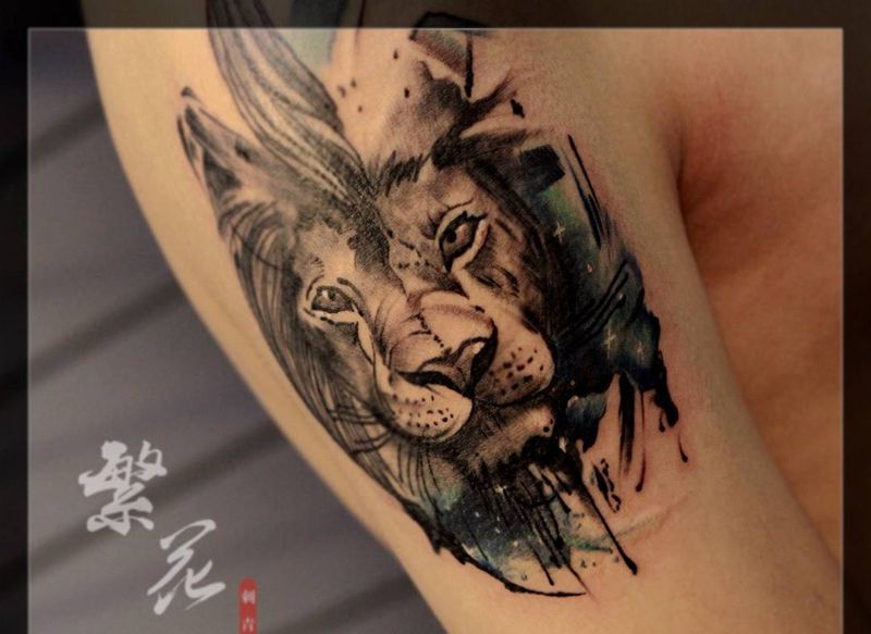 狮子泼  包龙腿？纹身图片_成品手稿手臂手部腿部欧美传统动物鬼神原创纹身图案
