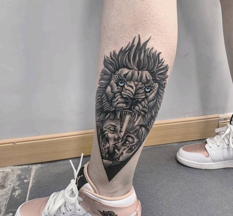 双子上升狮子纹身图片_腿部点刺私定纹身图案