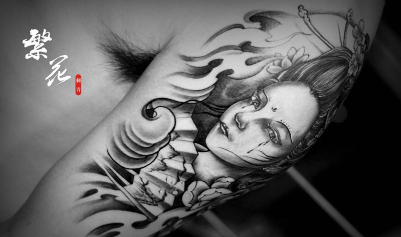 艺妓美女纹身图片_成品手稿手臂手部传统人物肖像写实纹身图案