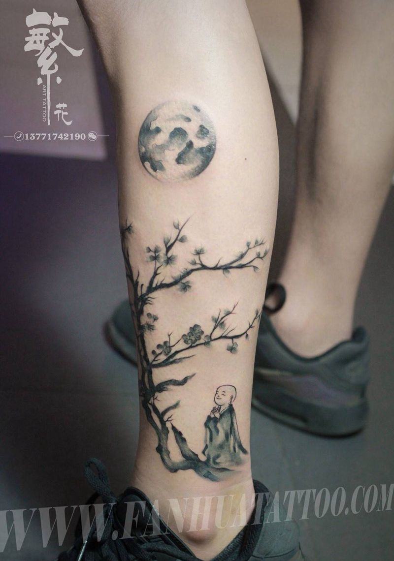 求佛纹身图片_成品原创腿部传统人物植物纹身图案