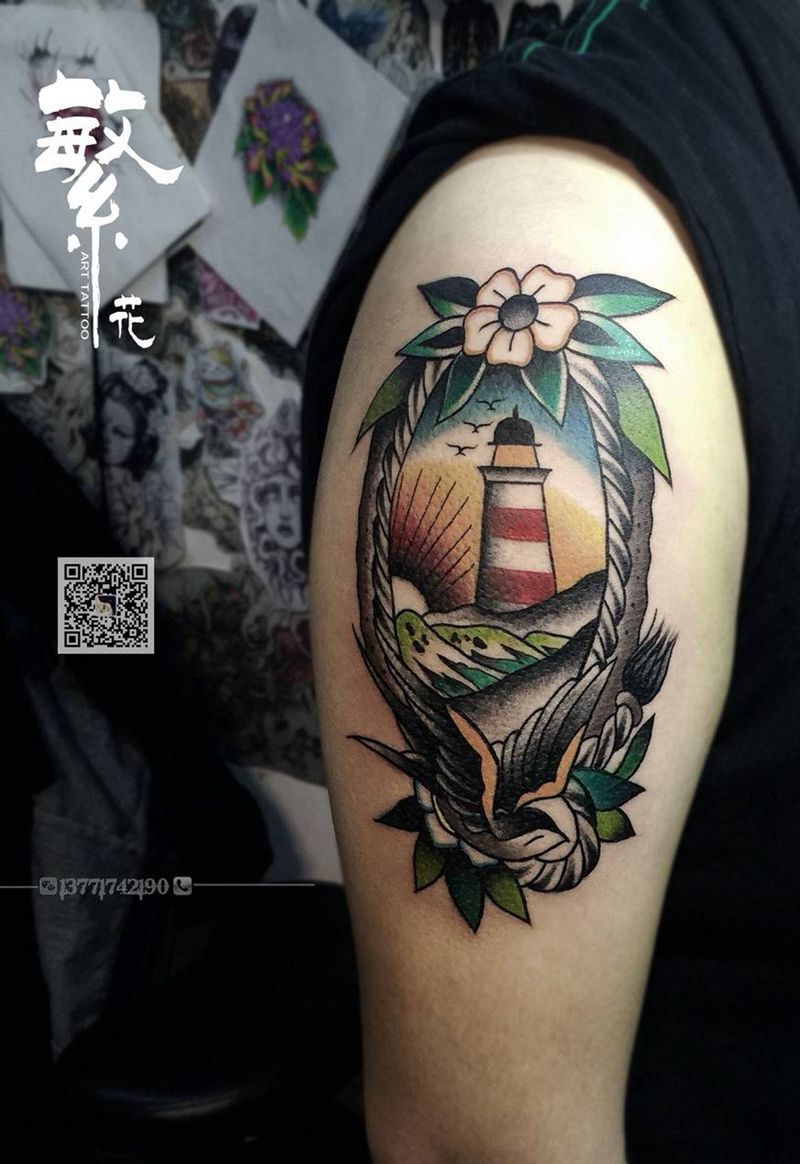 灯塔 燕子 羽毛 铃铛 花鹿 熊猫纹身图片_成品手稿手臂臀部腰部清新欧美人物动物字符纹身图案