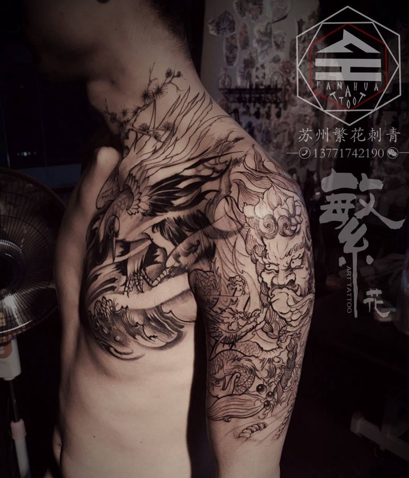 仙鹤&不动明王纹身图片_成品手稿手臂胸部传统原创动物鬼神纹身图案