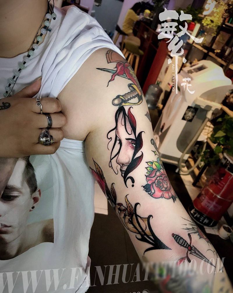 拼接花臂纹身图片_成品手稿手臂手部欧美人物植物动物静物纹身图案