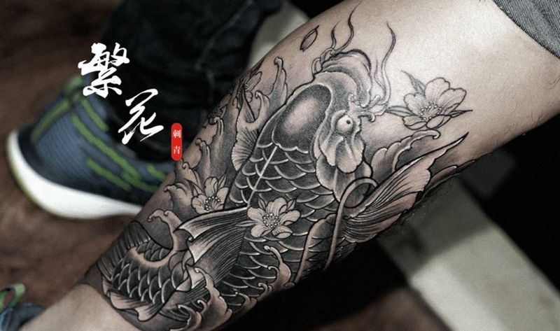 锦鲤黑白色纹身图片_手稿成品腿部脚部传统动物图腾静物原创纹身图案
