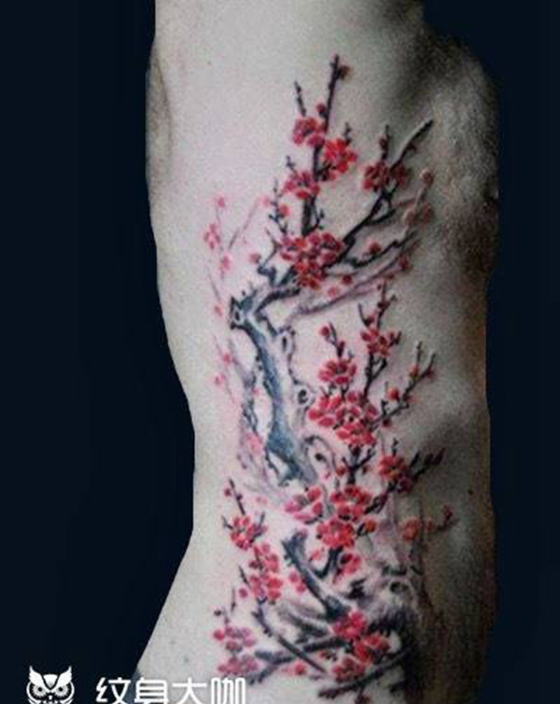 桃花 彩墨纹身图片