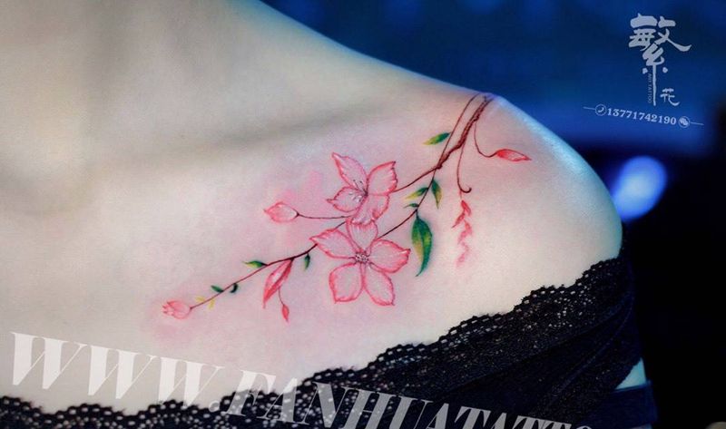 樱花枝纹身图片_成品手稿肩部胸部清新植物纹身图案