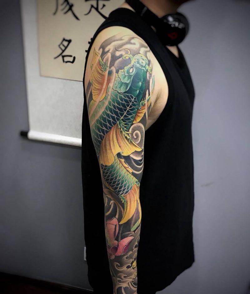 鲤鱼纹身图片_成品手臂传统动物纹身图案
