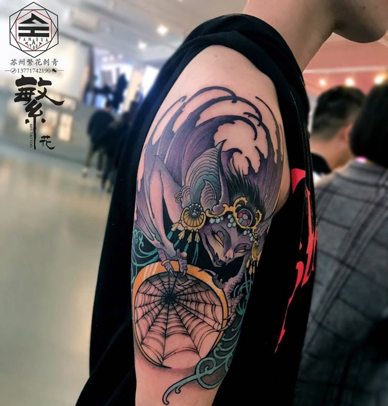 获奖作品《蝙蝠盘丝》纹身图片_成品手稿手臂欧美动物原创纹身图案