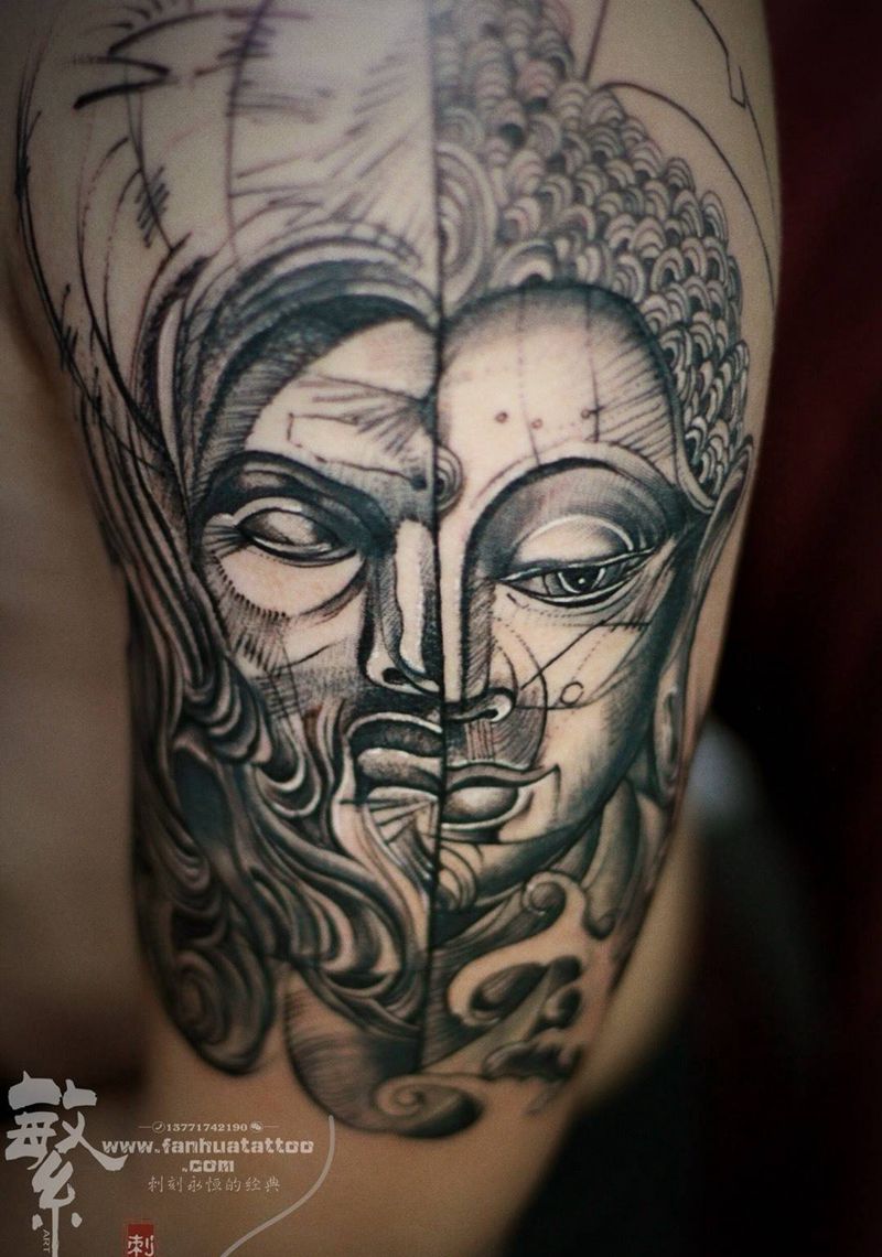 耶稣如来纹身图片_成品手稿手臂传统人物宗教原创花臂纹身图案