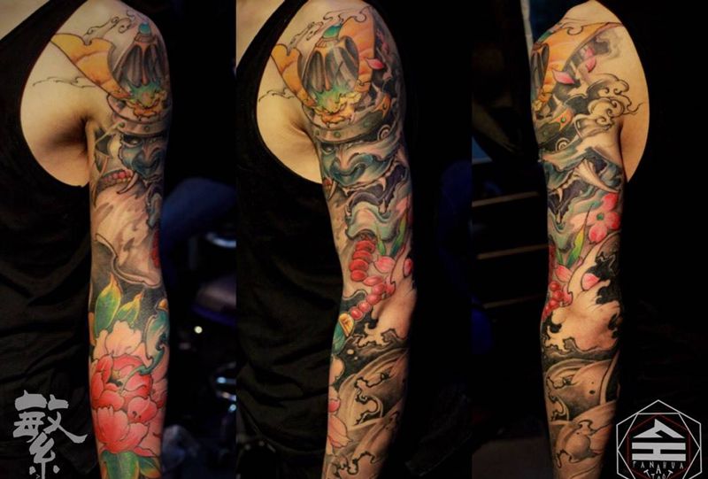 鬼武花臂纹身图片_手稿成品手臂传统原创人物鬼神花臂纹身图案