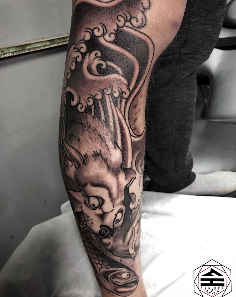 浣熊（待上色）纹身图片_腿部新传统纹身图案