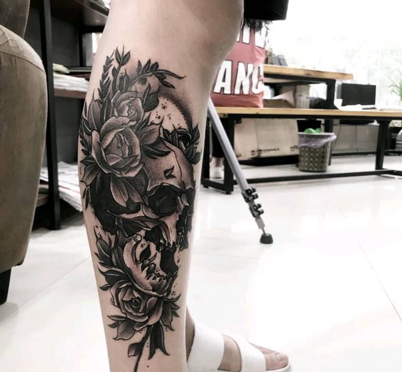 骷髅纹身图片_腿部New School纹身图案