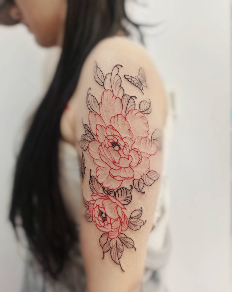 牡丹未完成纹身图片_手臂老传统纹身图案