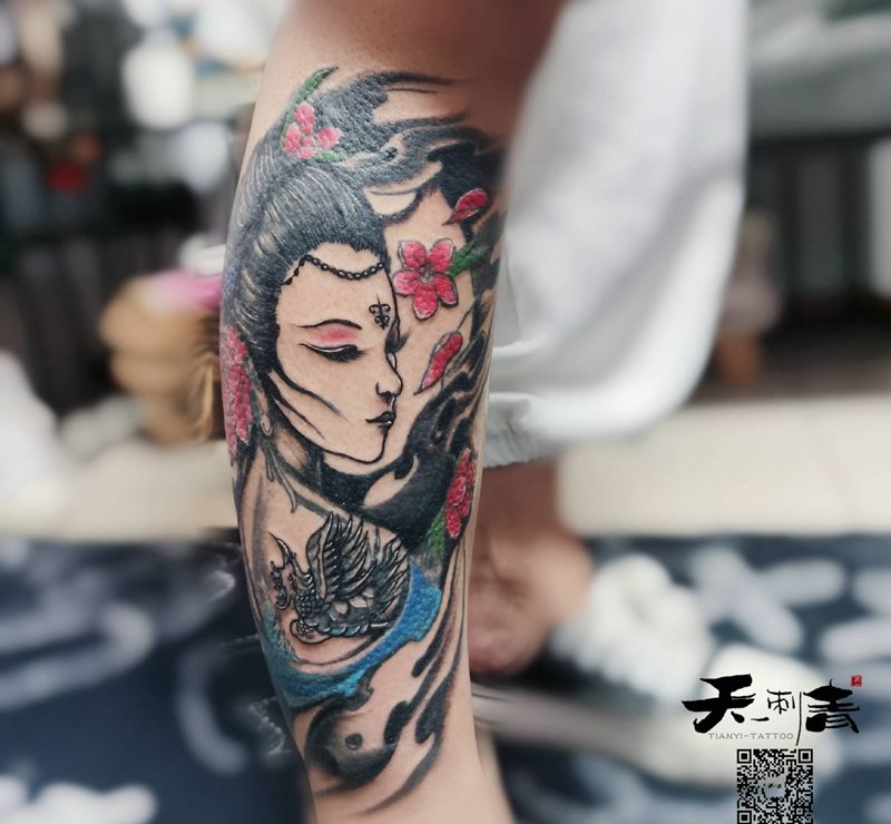 艺伎老图修改纹身图片_腿部老传统纹身图案