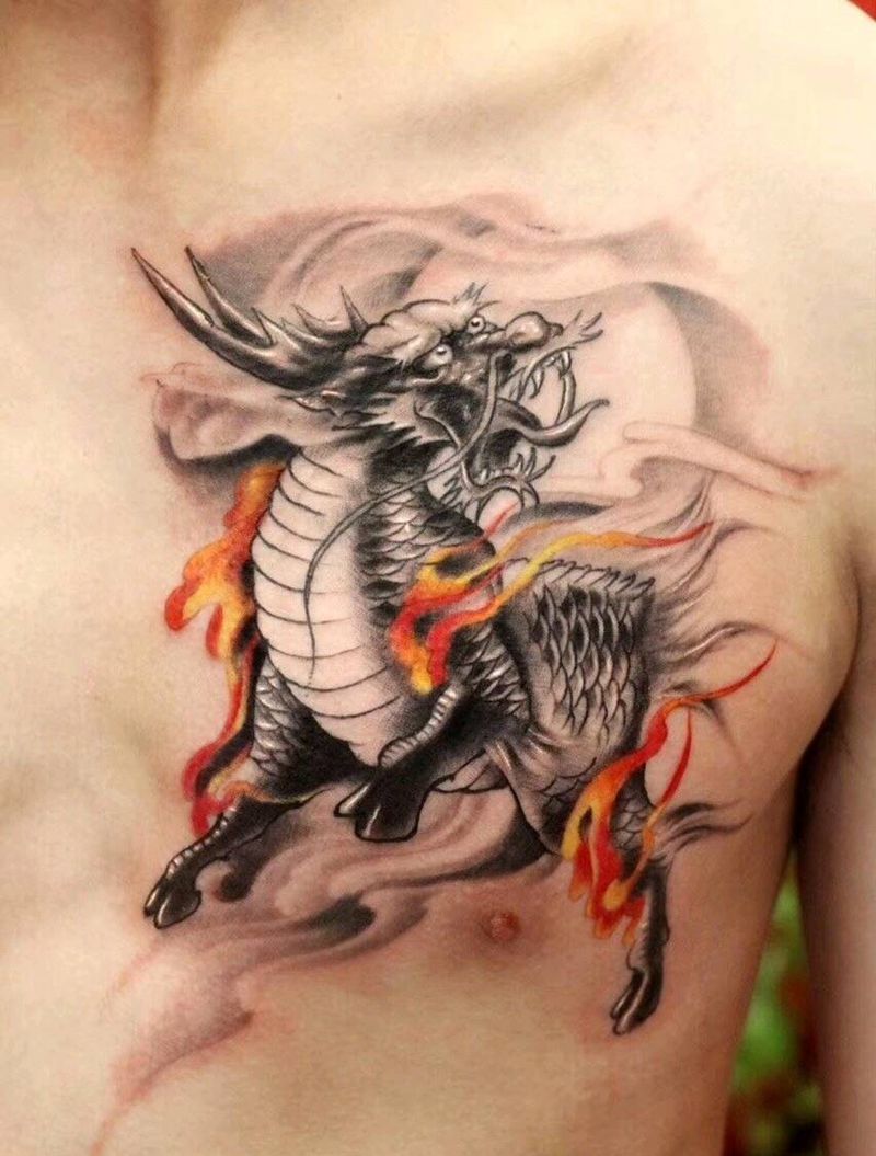 麒麟纹身图片_胸部老传统纹身图案