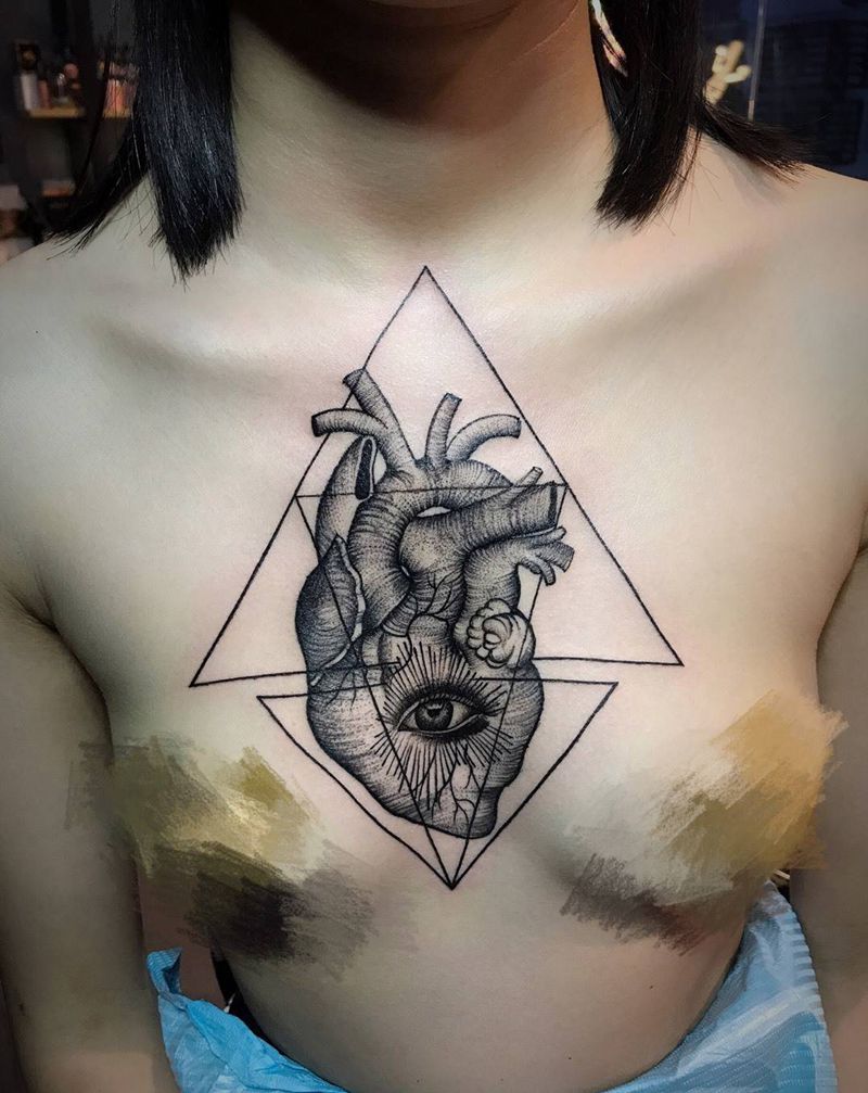 心眼纹身图片_成品手稿胸部欧美几何人物纹身图案