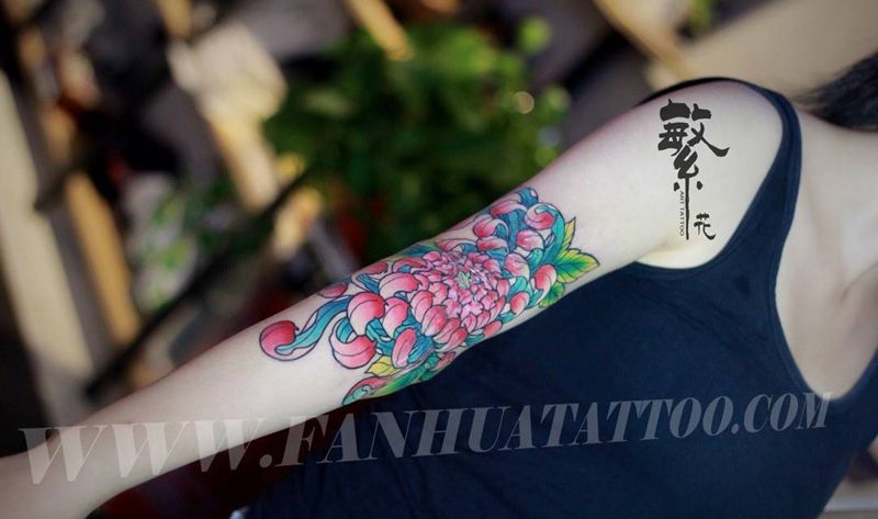 菊遮盖纹身图片_成品手稿手臂传统植物花臂纹身图案