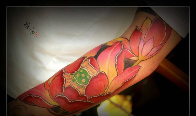 荷,花臂纹身图片