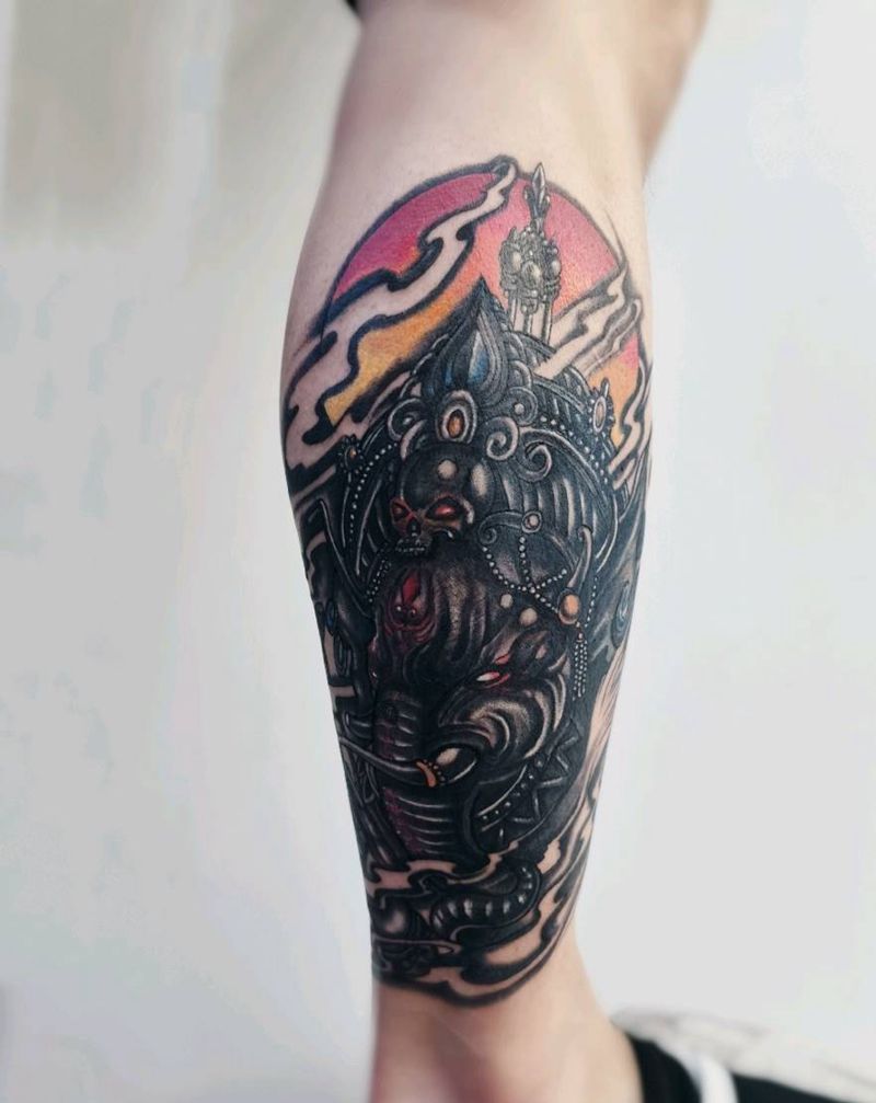 象神纹身图片_腿部新传统老传统纹身图案