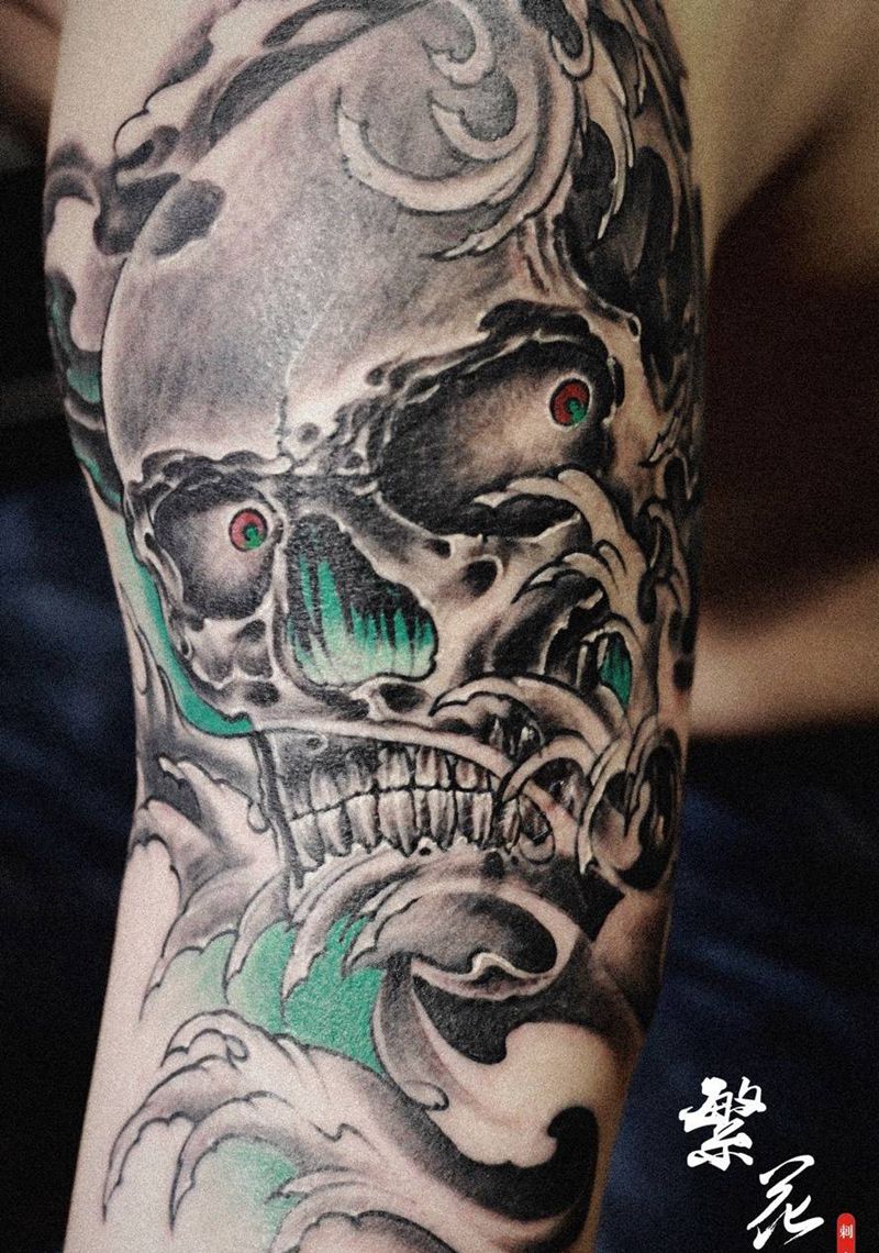骷髅纹身图片_成品手稿手臂手部肩部传统欧美鬼神人物写实纹身图案