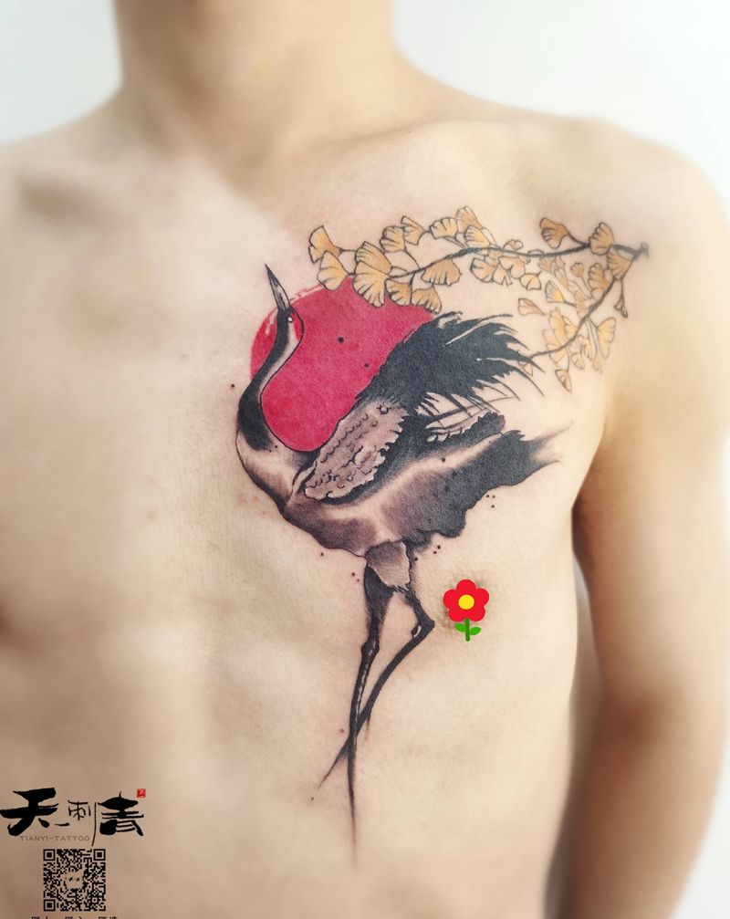 仙鹤纹身图片_胸部老传统水墨纹身图案