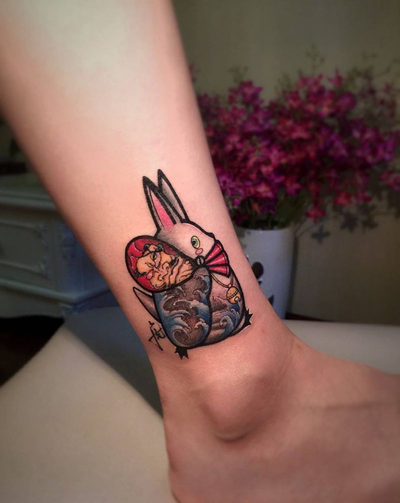 龙猫纹身图片_成品手稿脚部腿部欧美传统动物猫纹身图案