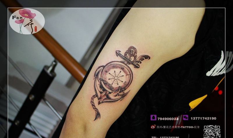 指南针纹身图片_成品手稿手臂手部欧美纹身图案