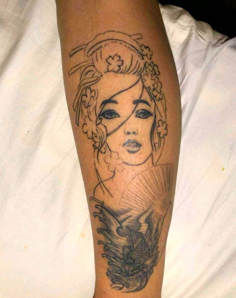 艺妓纹身图片_腿部纹身图案