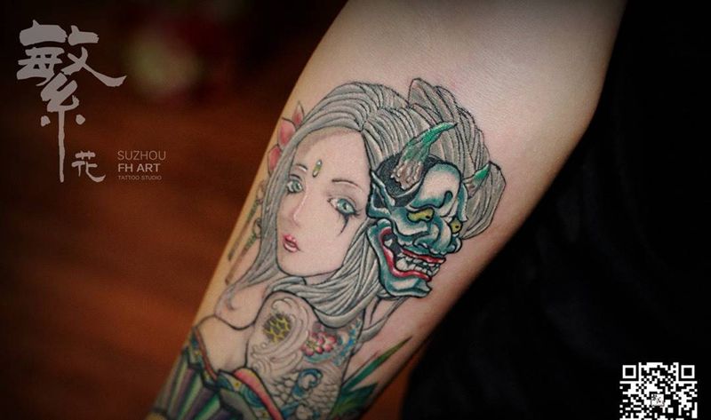 艺妓般若纹身图片_成品手稿手臂手部欧美清新写实人物鬼神纹身图案