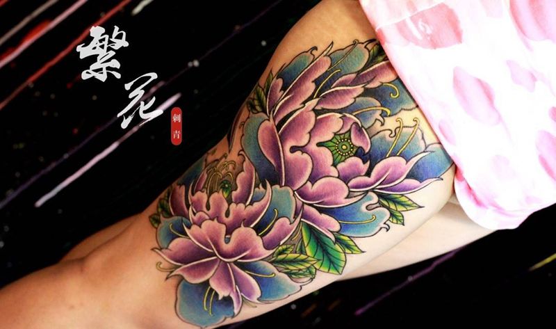 牡丹纹身图片_成品手稿腿部臀部传统静物植物原创纹身图案