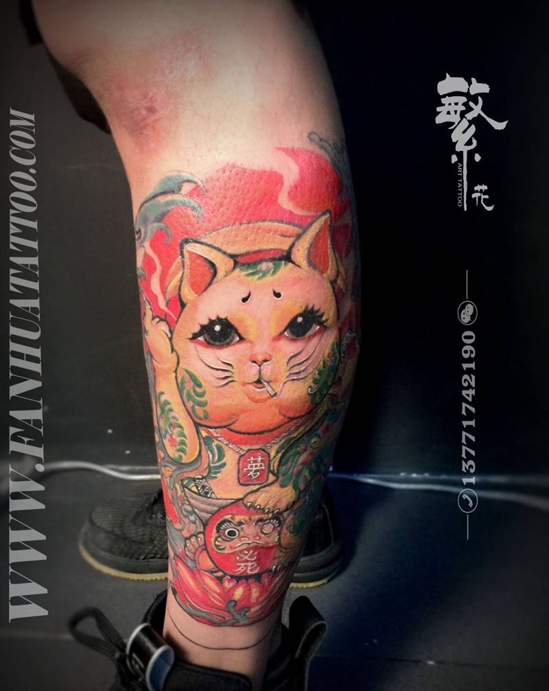 招财猫纹身图片_手稿成品脚部腿部欧美写实动物宗教猫纹身图案