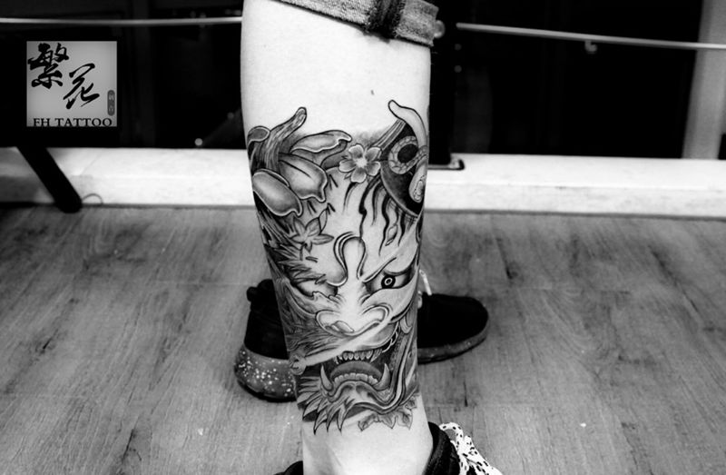 般若波罗龙纹身图片_成品手稿脚部腿部传统鬼神纹身图案