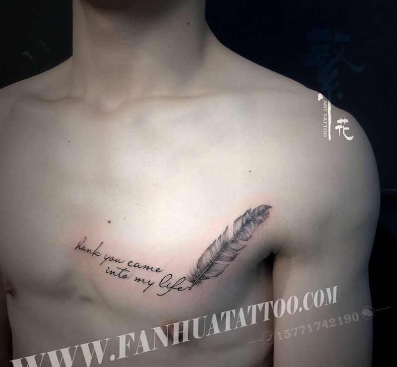 羽毛小清新纹身图片_成品手稿胸部清新几何字符锁骨纹身图案