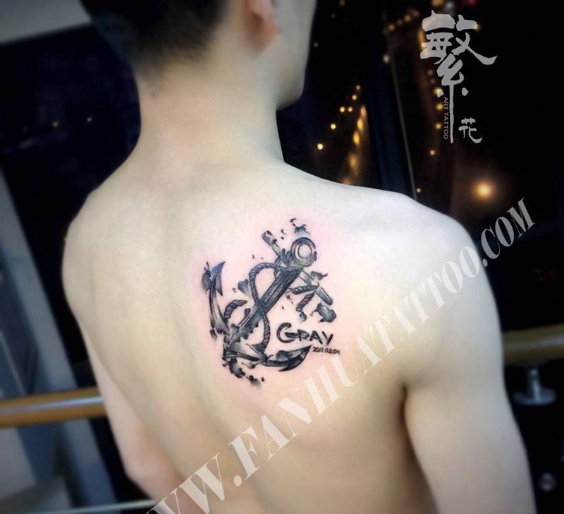 船锚纹身图片_成品手稿肩部背部欧美几何船锚纹身图案