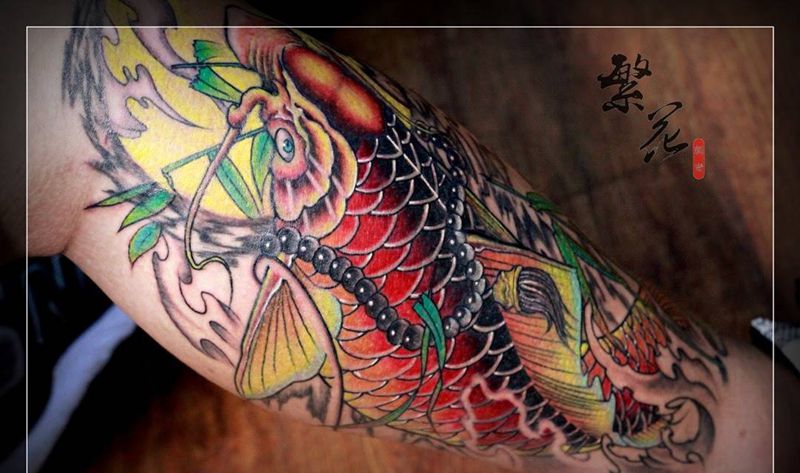 锦鲤纹身图片_手稿成品脚部腿部传统国画动物静物纹身图案