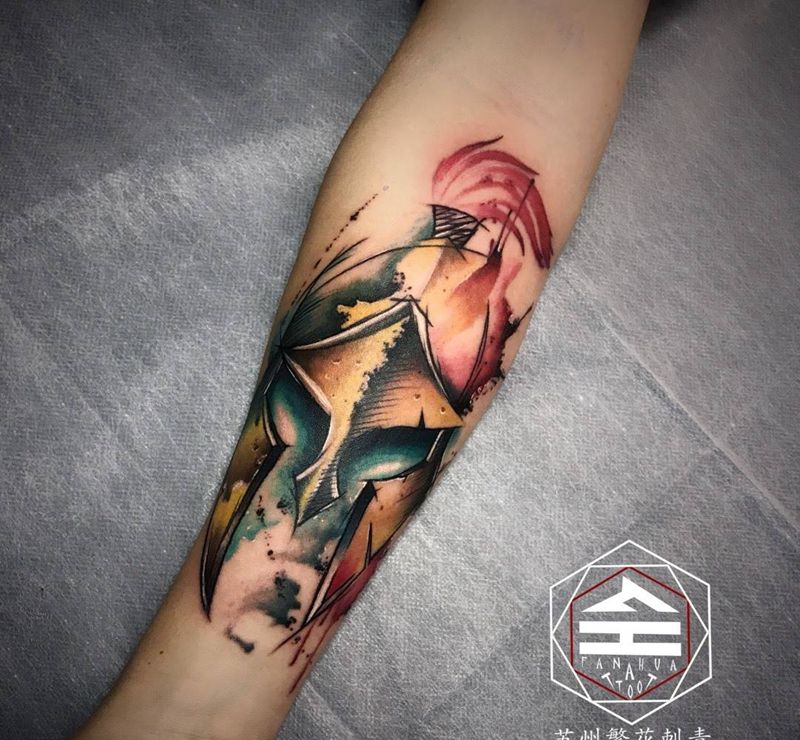 斯巴达头盔纹身图片_成品手稿手臂手部欧美写实原创纹身图案