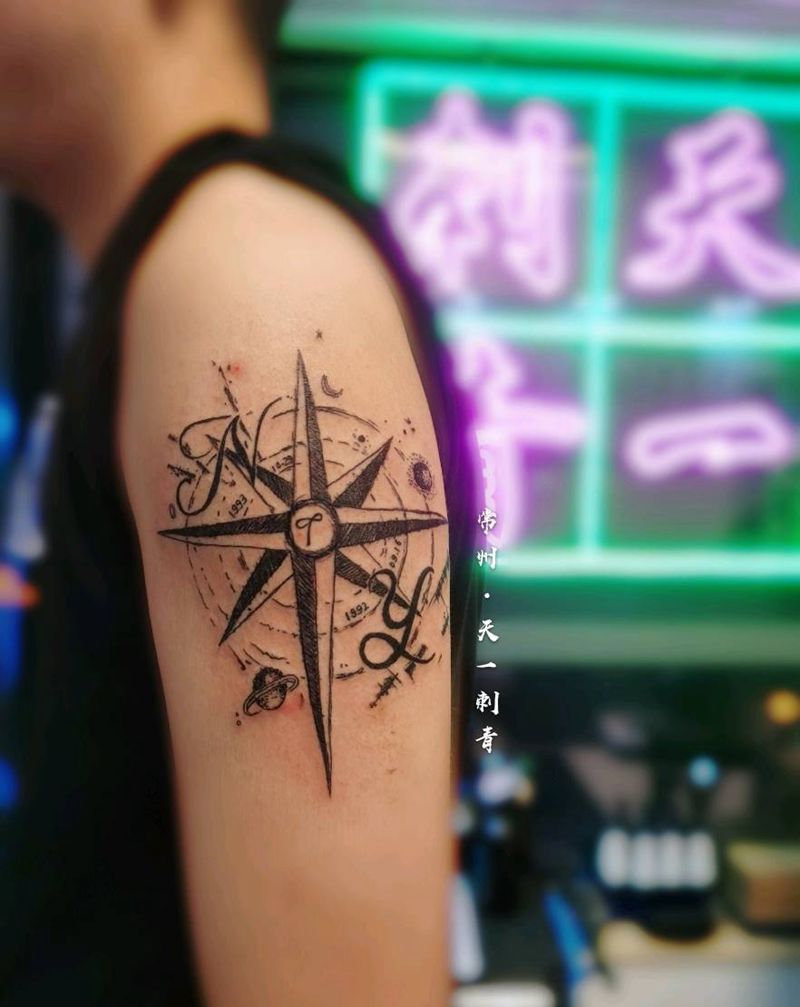 罗盘草稿纹身图片_手臂点刺纹身图案