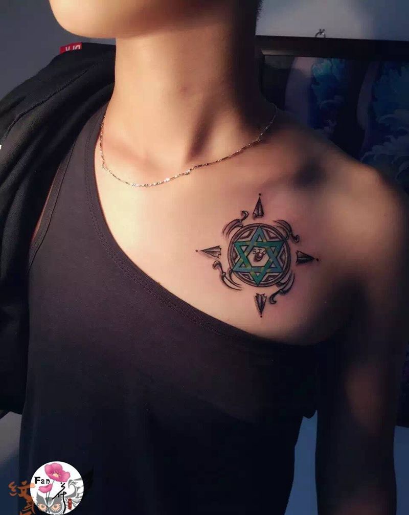 六芒星纹身图片_肩部手稿传统宗教纹身图案