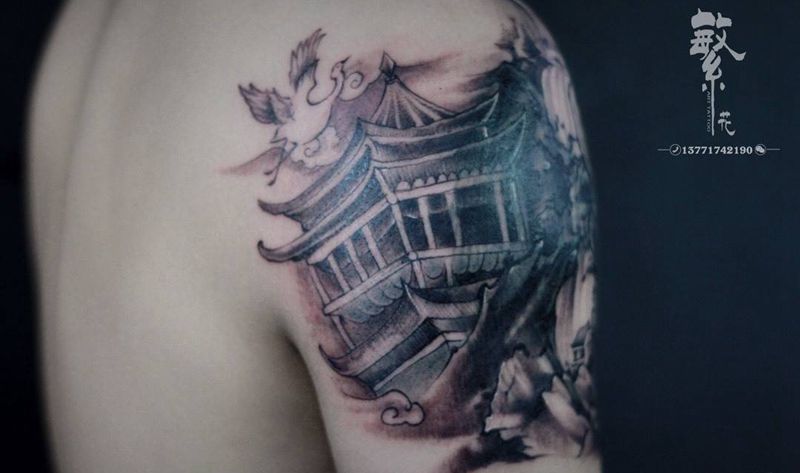 古风山水遮盖纹身图片_成品手稿手臂传统植物纹身图案