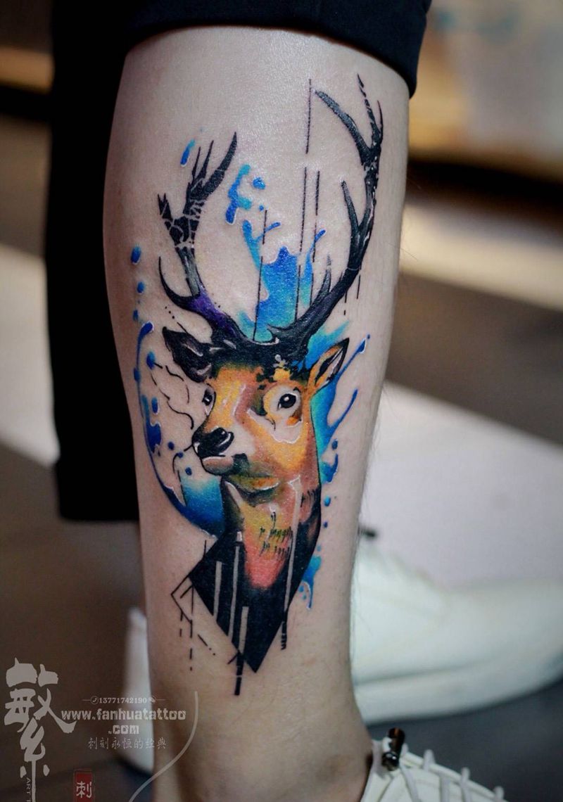水彩鹿纹身图片_成品手稿腿部欧美清新动物原创纹身图案